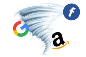 Tornado graphic with Google, Facebook, and Amazon logos