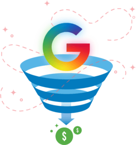 Google logo in the middle of funnel with money at the bottom of the funnel