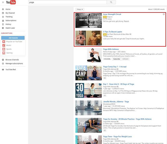 YouTube TrueView Discovery ad on a search results page.