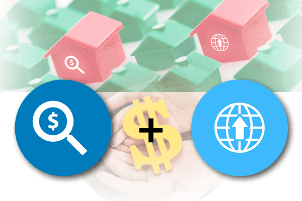 Transparent graphic of paid search and SEO icons with dollar sign.