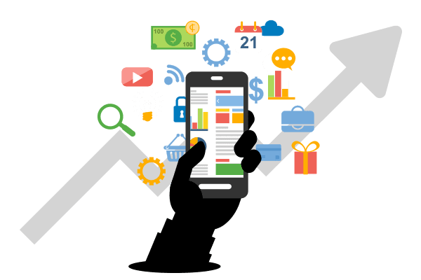 Hand holding mobile phone with icons all around.