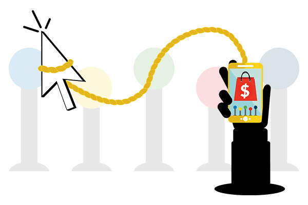 Icon showing silhouette of hand holding smart phone with golden rope connecting the phone to a mouse cursor.