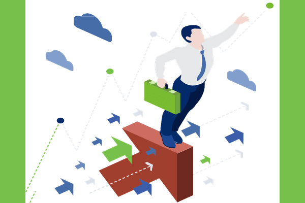 Businessman holding a briefcase standing on top of upward-pointing arrow reaching for the sky.