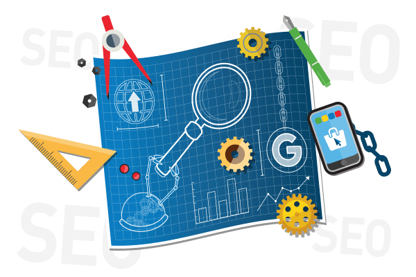 Graphic of an architectural roadmap with magnifying glass, charts, Google logo, cell phone, and other tools.