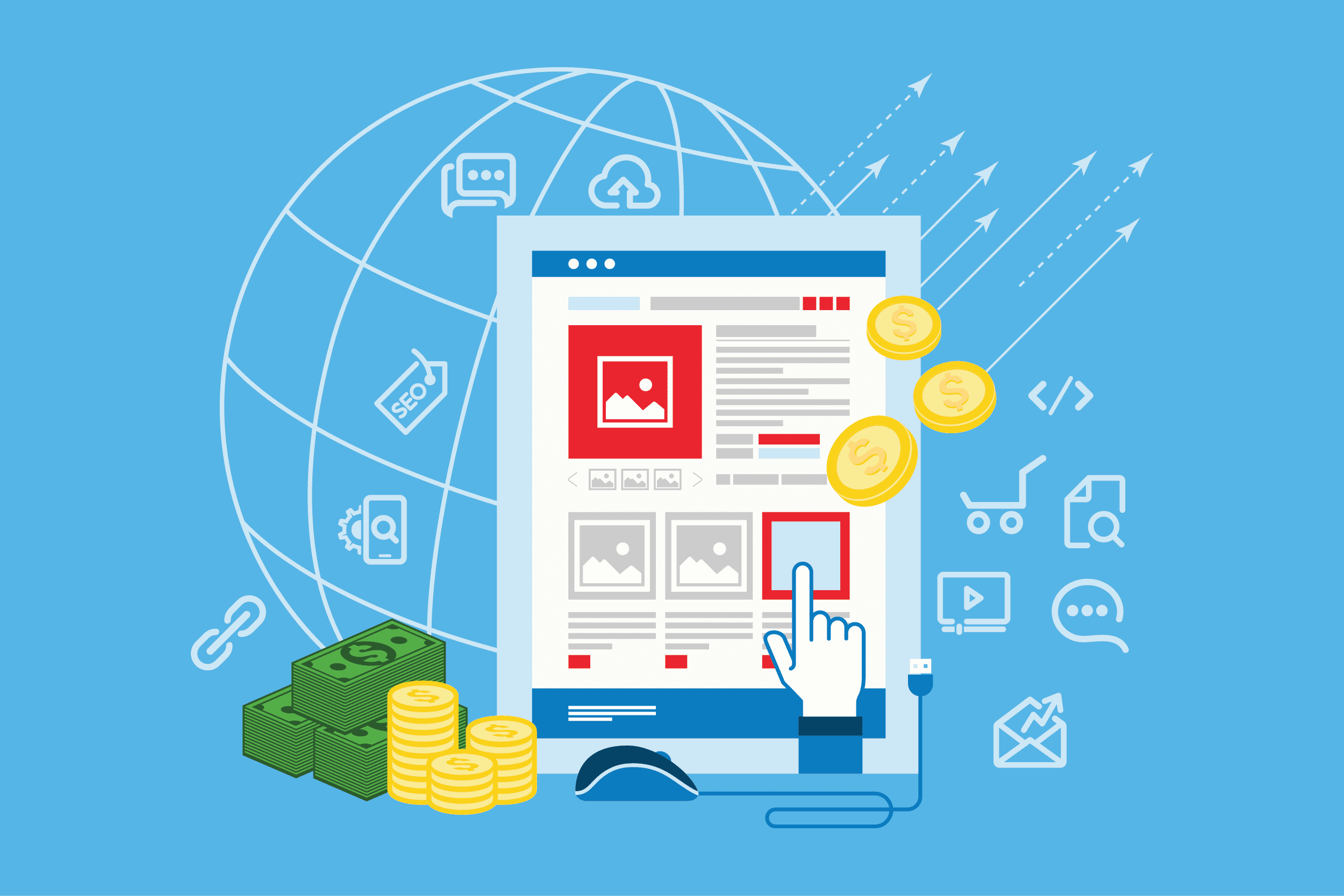 Graphic of a web dashboard with money and other icons