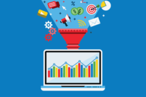 graphic of a computer with a chart on screen and a marketing funnel on top