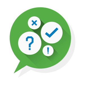 speech bubble with question mark, check mark, exclamation point, and X