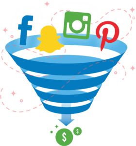 facebook, snapchat, instagram, and pinterest icons at the top of a funnel with money at the bottom of the funnel