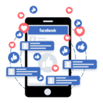 phone open to Facebook app with likes and hearts and comments around it