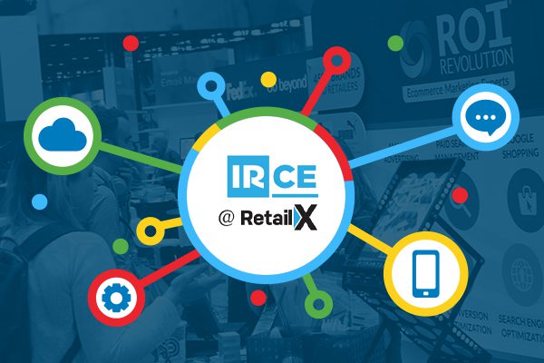 IRCE @ RetailX text with cloud, message, settings, and cell phone coming out of it