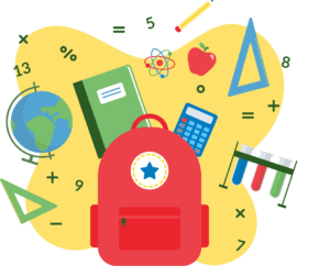 Backpack with school supplies related to back-to-school 2019 around it