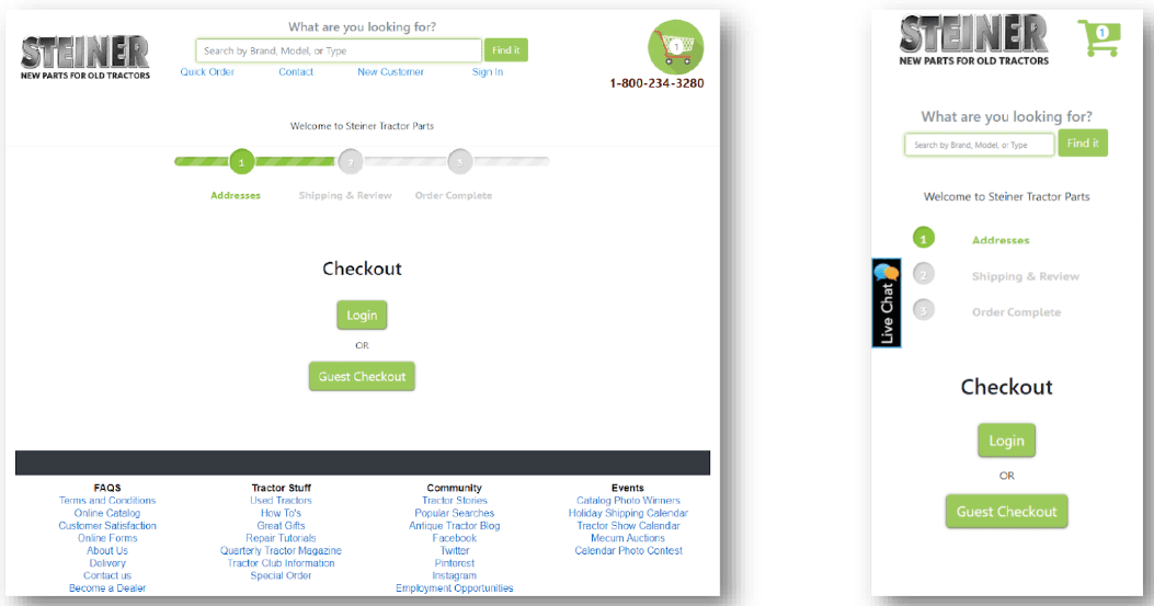 screenshot of checkout page on desktop and mobile with option to check out by logging in or as a guest