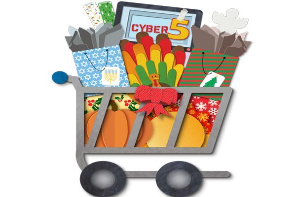Icon of shopping cart with a turkey in the card, holiday gift bags, and a tablet displaying "Cyber 5".