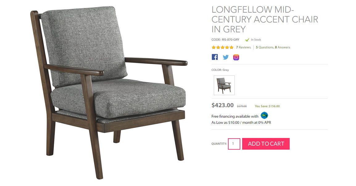webpage selling gray chair with brown wood