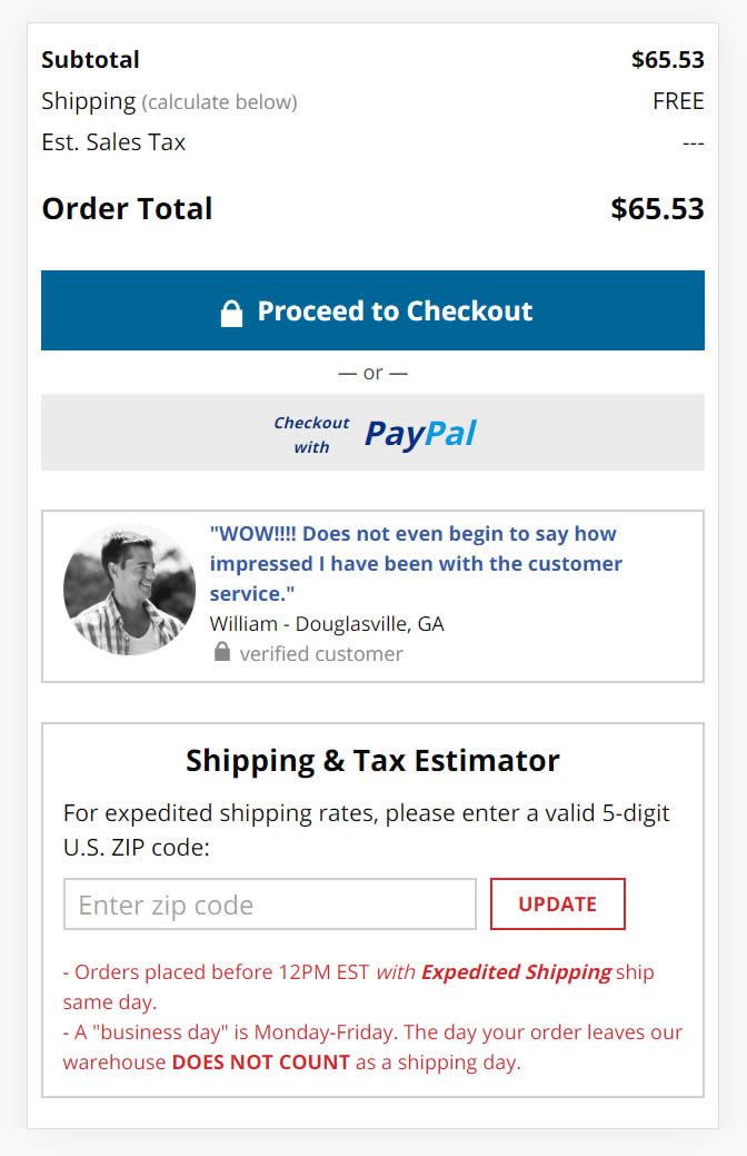 screenshot of checkout page with review about good customer service