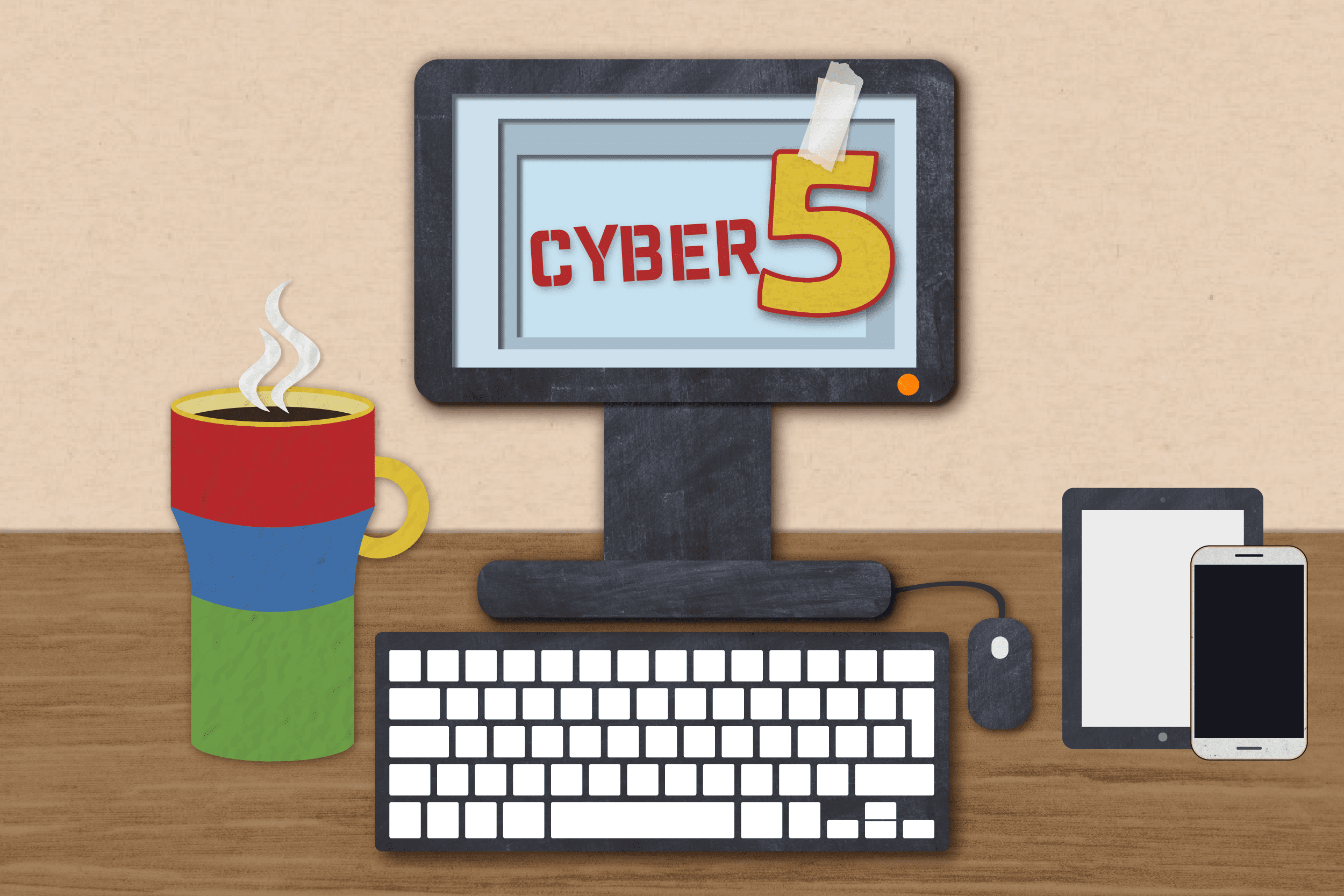 Cyber 5 on a laptop with coffee and keyboard and tablet and phone.