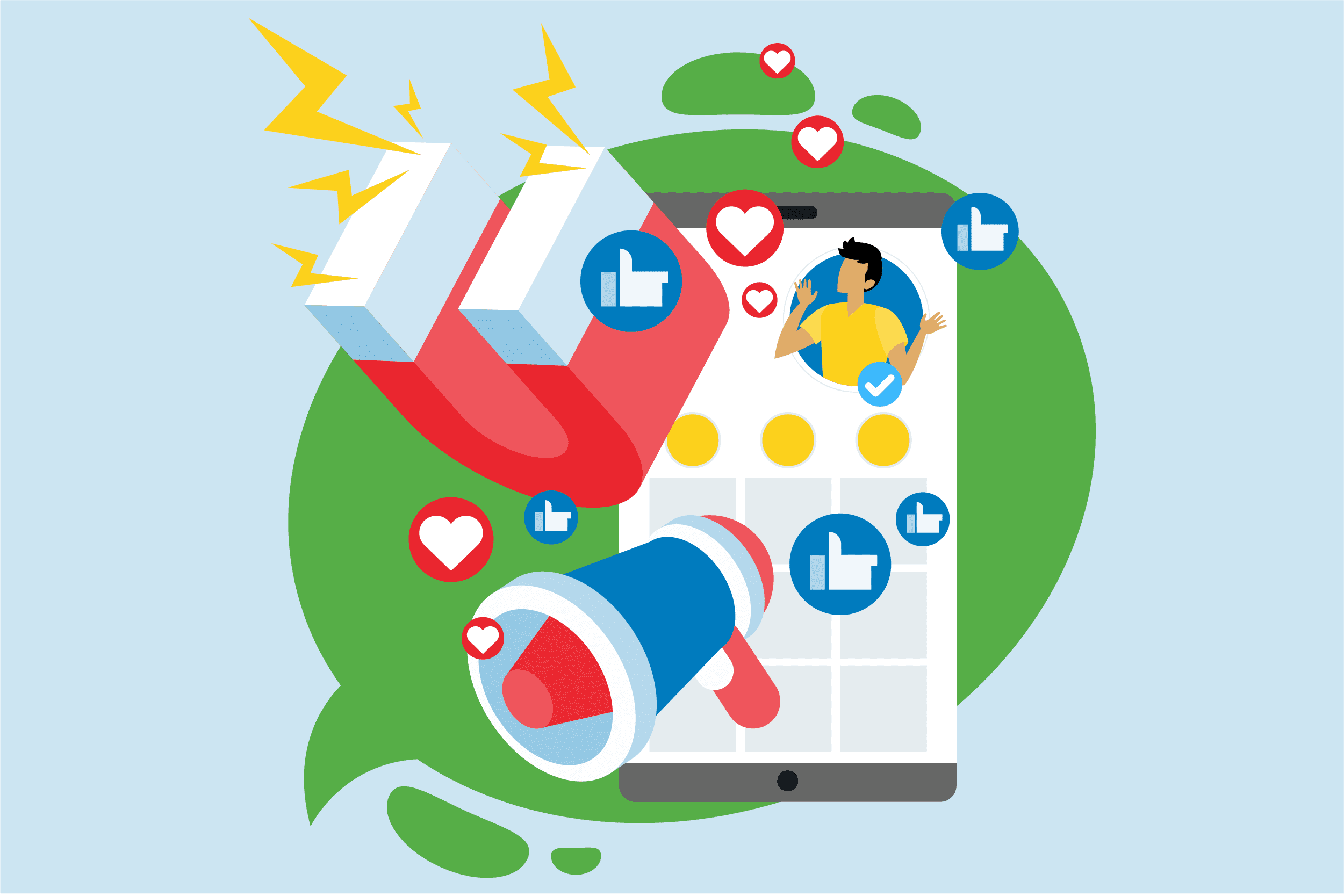 Graphic of Instagram page with magnet and megaphone and marketing icons coming out of it.