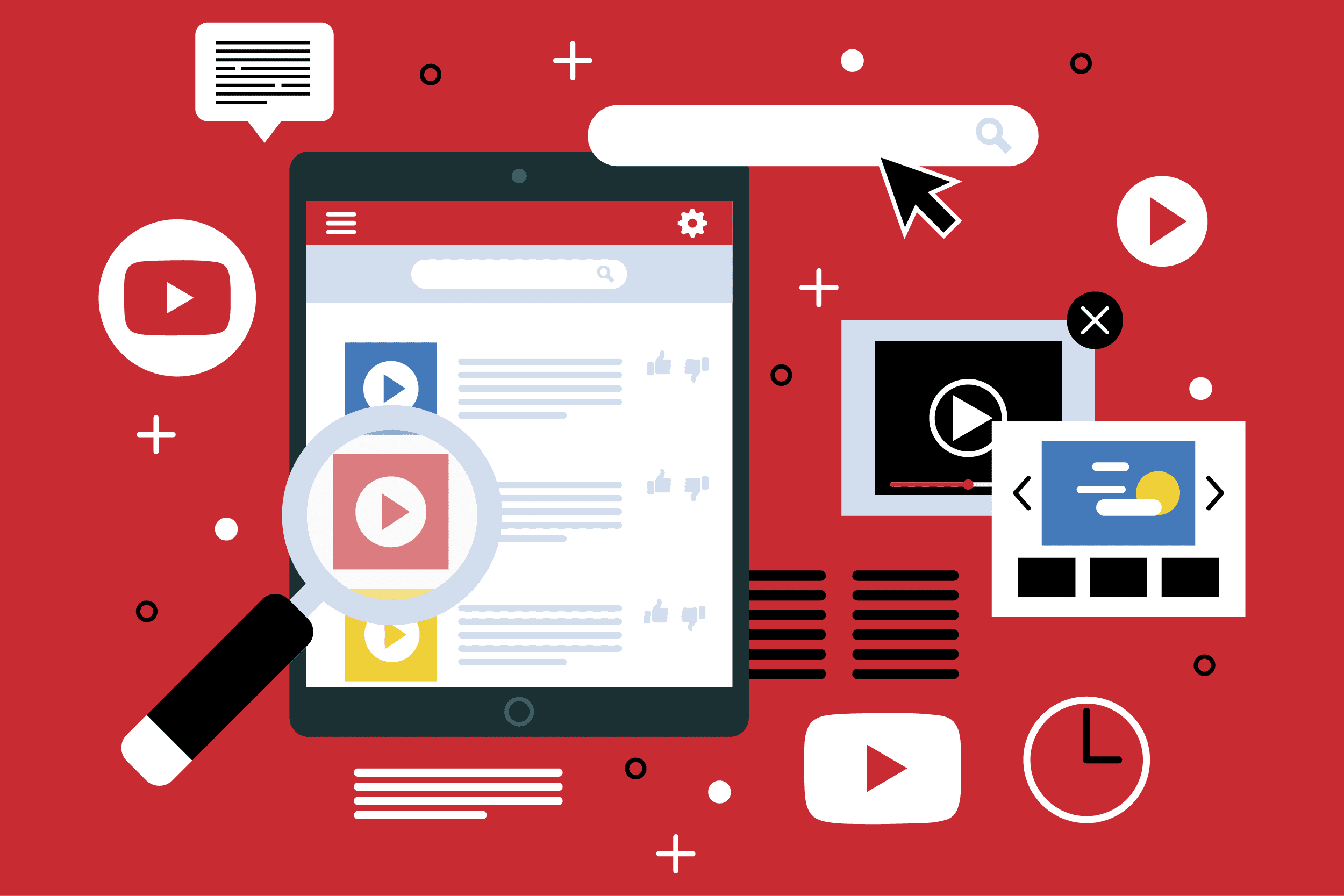 Graphic of YouTube page and videos with a magnifying glass.