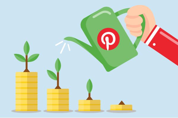 Person using watering can with Pinterest logo to water plants budding from coins.