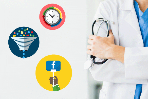 Doctor photo overlaid with marketing icons.