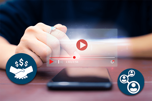 Woman pressing play on the screen of her mobile phone.