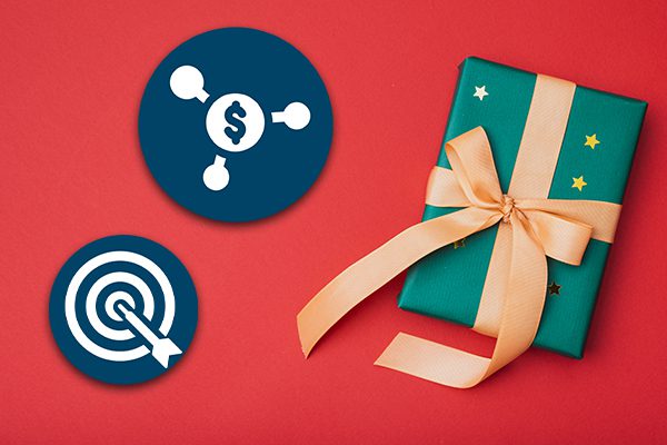 Target and money icons floating around beautifully wrapped holiday gift representing holiday shopping tips for ecommerce marketers.