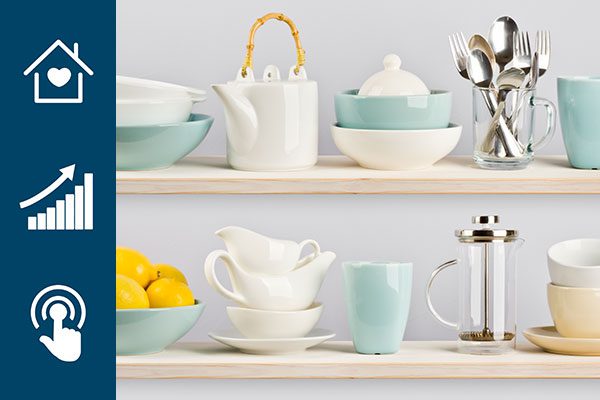 Kitchen supplies on an open shelf with marketing icons on the left.