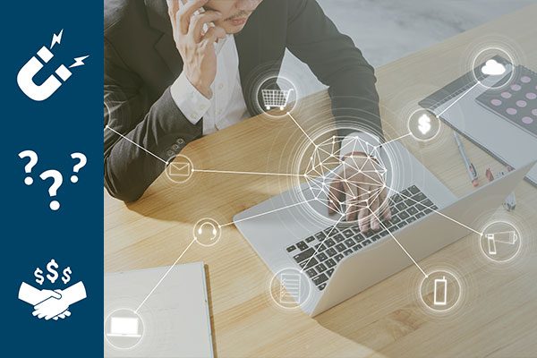 Man using a laptop with white marketing icons connected by lines coming out of it with a navy bar of marketing icons on the left.