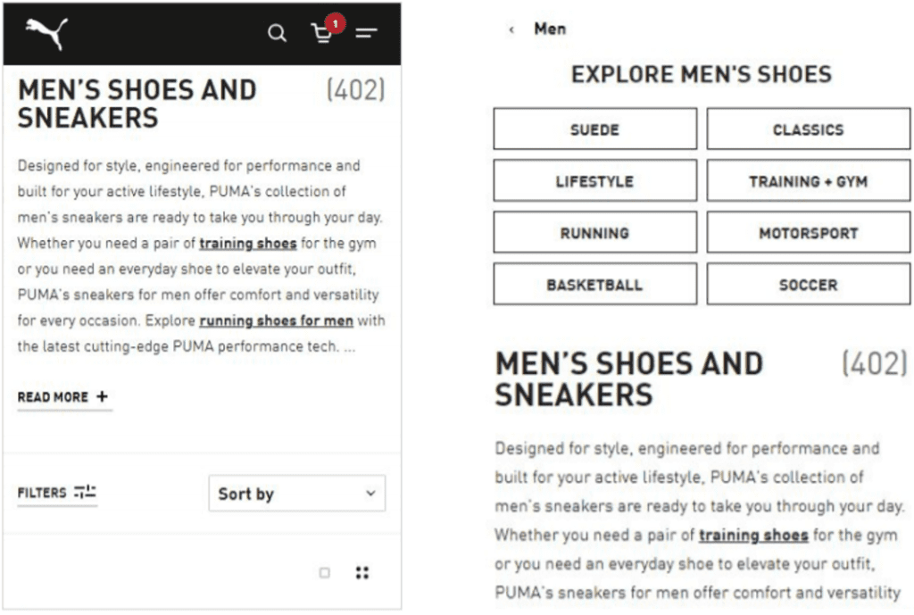 Example of adding subcategories on the product listing page to increase ease of user navigation