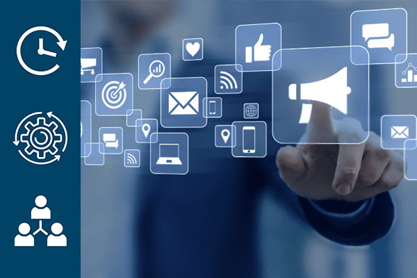 Person touching icon of megaphone surrounded by other marketing related icons, with navy left pane of marketing related icons.
