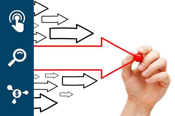 Person drawing red arrow with black arrows around it with navy bar with marketing icons on the left.