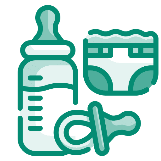 Turquoise graphic icon of a baby bottle, pacifier, and diaper.