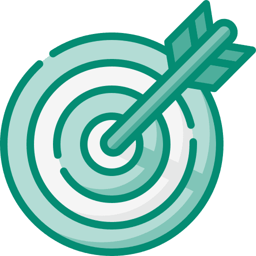 Turquoise icon of dart hitting the middle of a target.