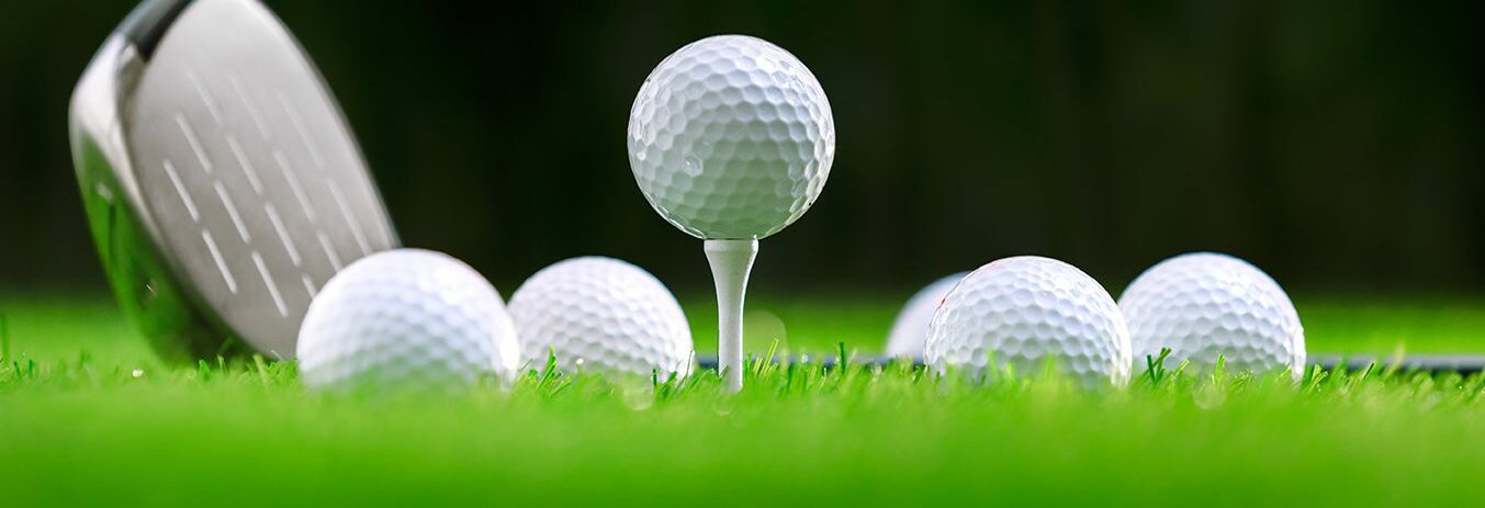 Golf balls teed up on green grass.