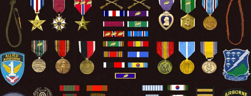 Various medals on one surface.