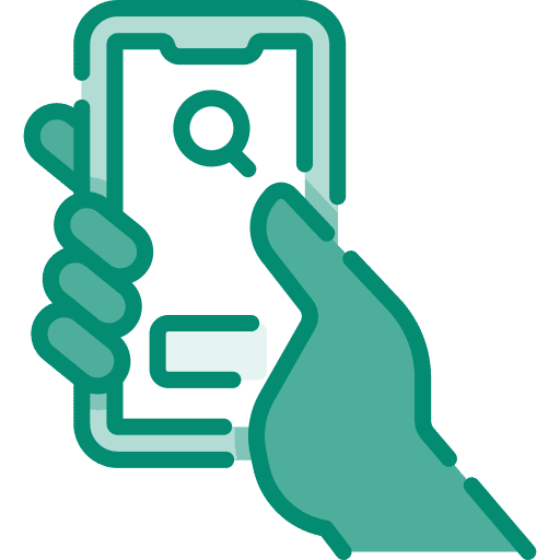 Turquoise graphic of person holding phone.