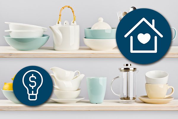 Open concept shelving with kitchen gadgets and dishes stacked on top of each shelf..