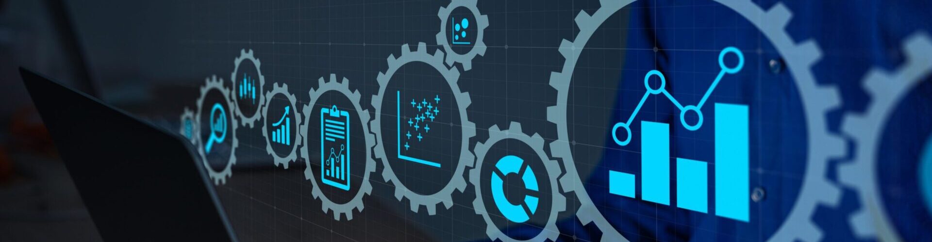 Data science analyst working with statistics and report on computer. Concept with icons of charts and graph connected. Business analytics consultant analyzing metrics and key performance indicators