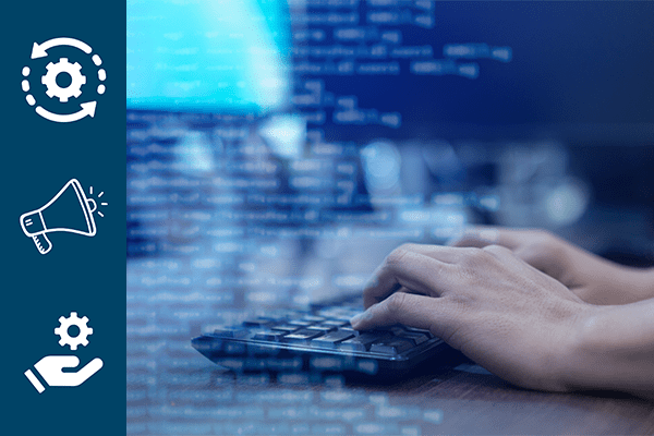 Person typing on keyboard with blue overlay in background.