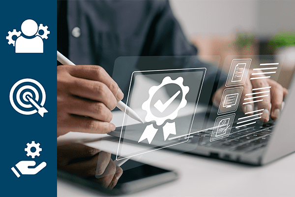 top-quality service guarantee and ISO certification and standardization idea emblazoned on the shoulders of a businessman