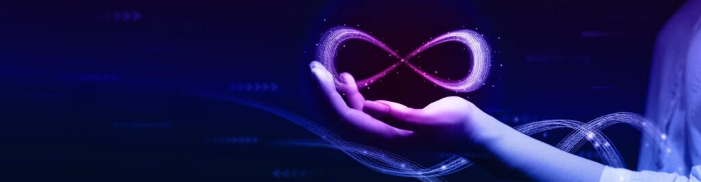 Metaverse Technology concepts. Hand holding virtual reality infinity symbol.New generation technology.Global network technology and innovation