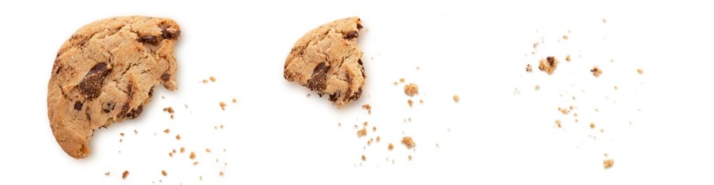Steps of chocolate chip cookie being devoured and shadow, Sequence isolated on white background with clipping path.