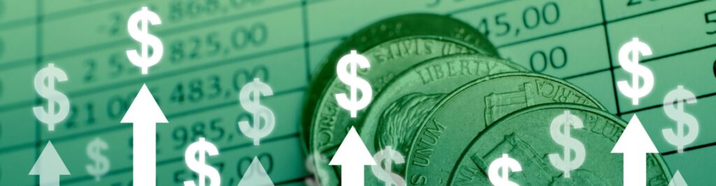 Dollar signs on a green background with coins and a spreadsheet with numbers