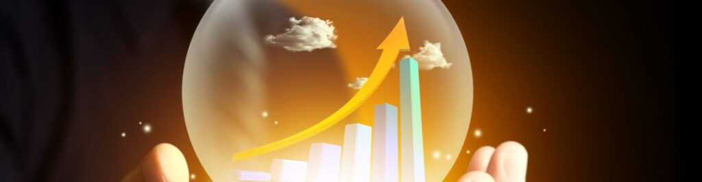 Business hand holding chart in crystal ball.