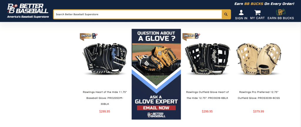 Screenshot of Better Baseball's website showing inline banners directing customers to chat with an expert on a page selling baseball gloves.