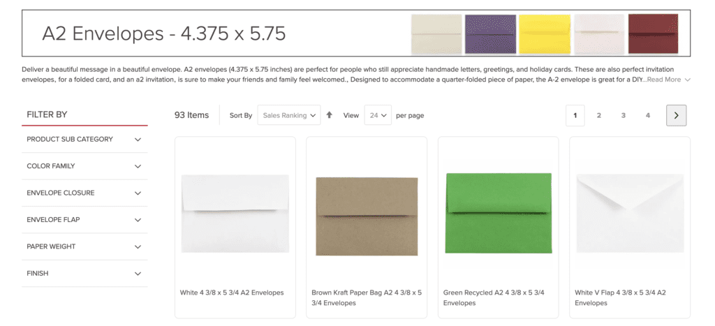 Screenshot on JAM Paper's website showing an example of boost rules on a page that sells envelopes.