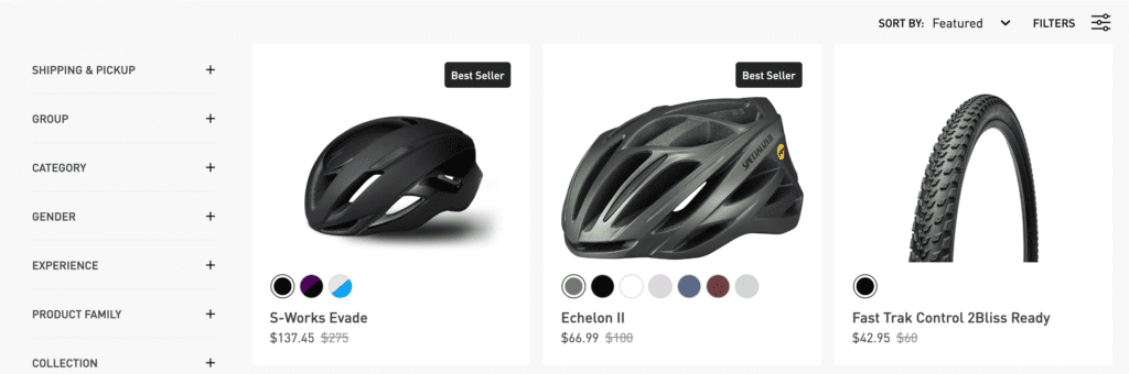 Screenshot of Specialized's website showing a custom landing page that highlights best-sellers.
