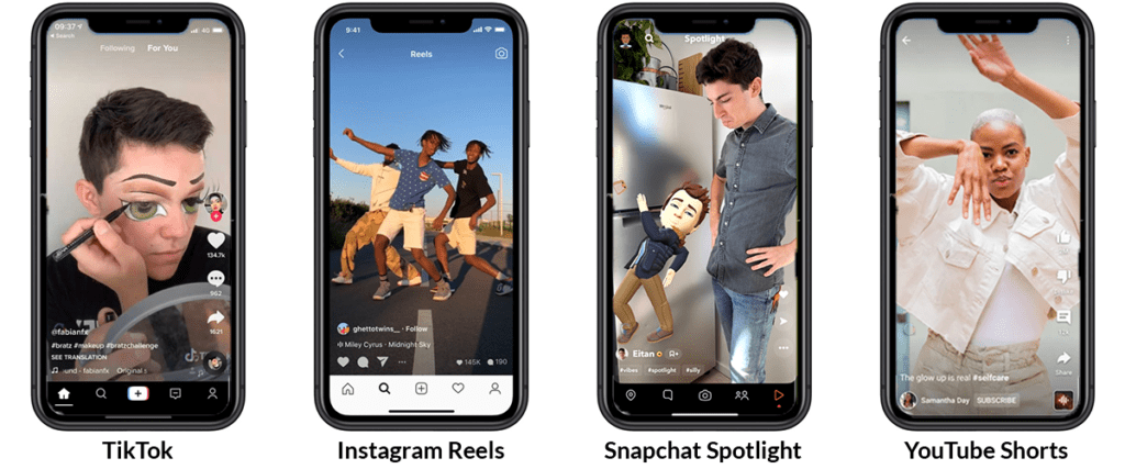 Screenshots of TikTok, Instagram Reels, Snapchat Spotlight, and YouTube shorts.