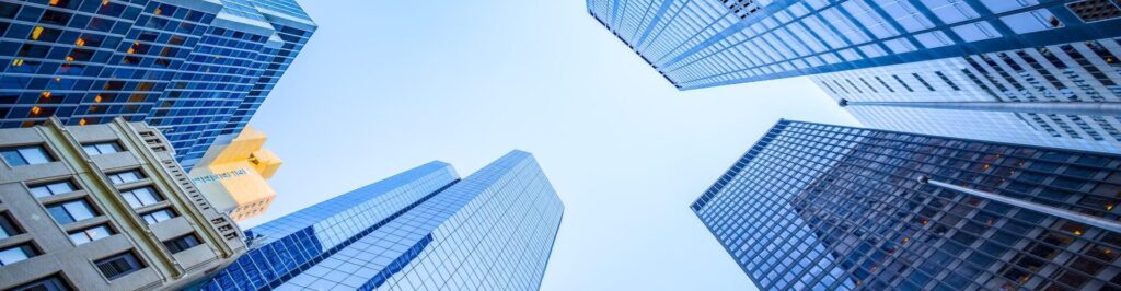 Up view in financial district, Manhattan, New York.