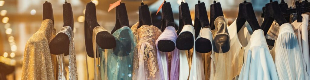 Colorful clothes on racks in a fashion boutique.